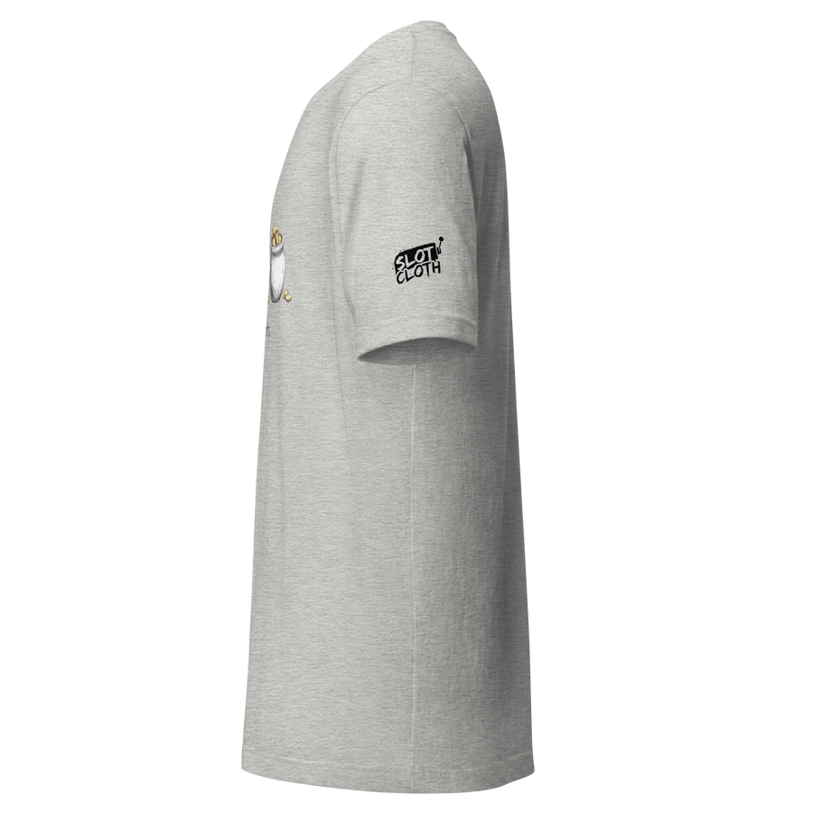 Gray slot-themed t-shirt with 'Slot Cloth' logo on sleeve and coin bag graphic, quirky casino apparel