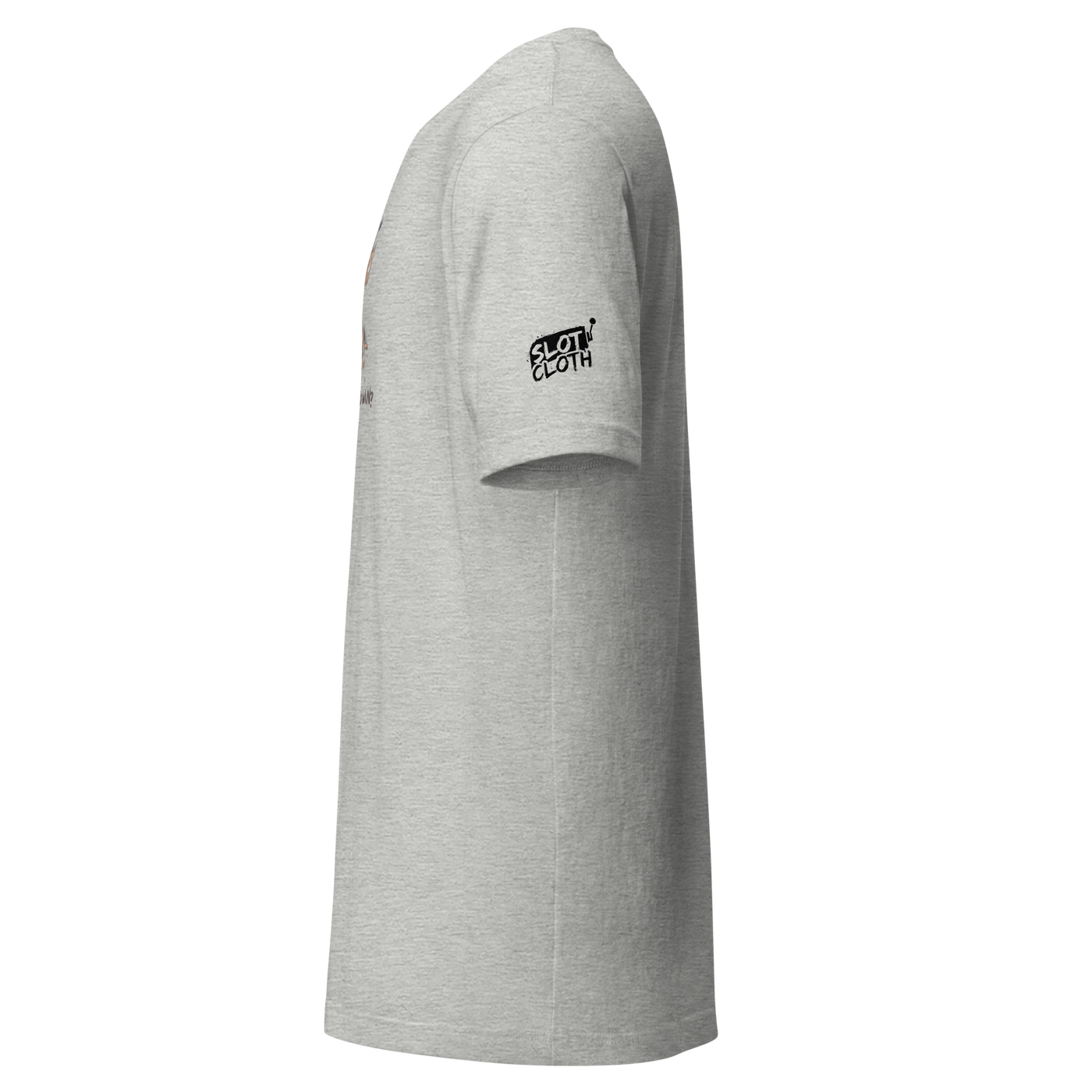 Gray t-shirt with Slot Cloth logo on sleeve, quirky design for players