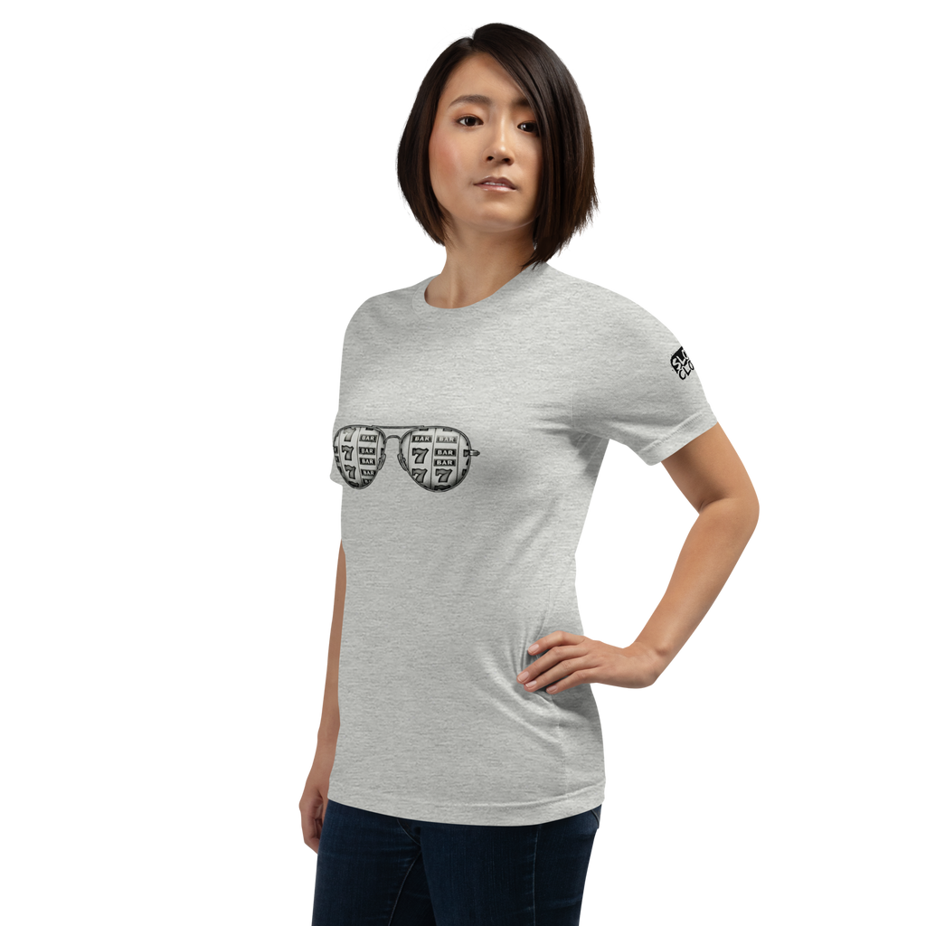 Gray t-shirt with slot machine-themed sunglasses design for quirky casino fashion