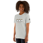 Woman wearing gray t-shirt with 'I ❤️ triple pots' graphic featuring three pots of gold, slot-themed apparel