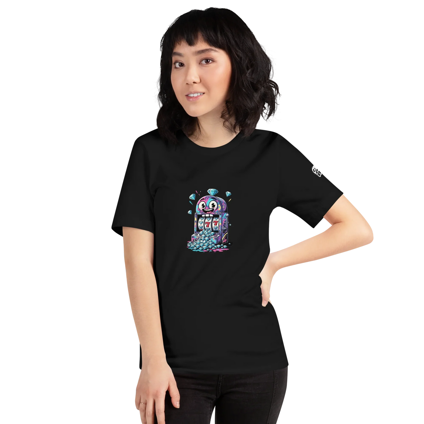Woman wearing black t-shirt with colorful slot machine graphic, 777 jackpot design, and diamond accents