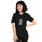 Woman wearing black t-shirt with colorful slot machine graphic, 777 jackpot design, and diamond accents