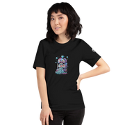 Woman wearing black t-shirt with colorful slot machine graphic, 777 jackpot design, and diamond accents