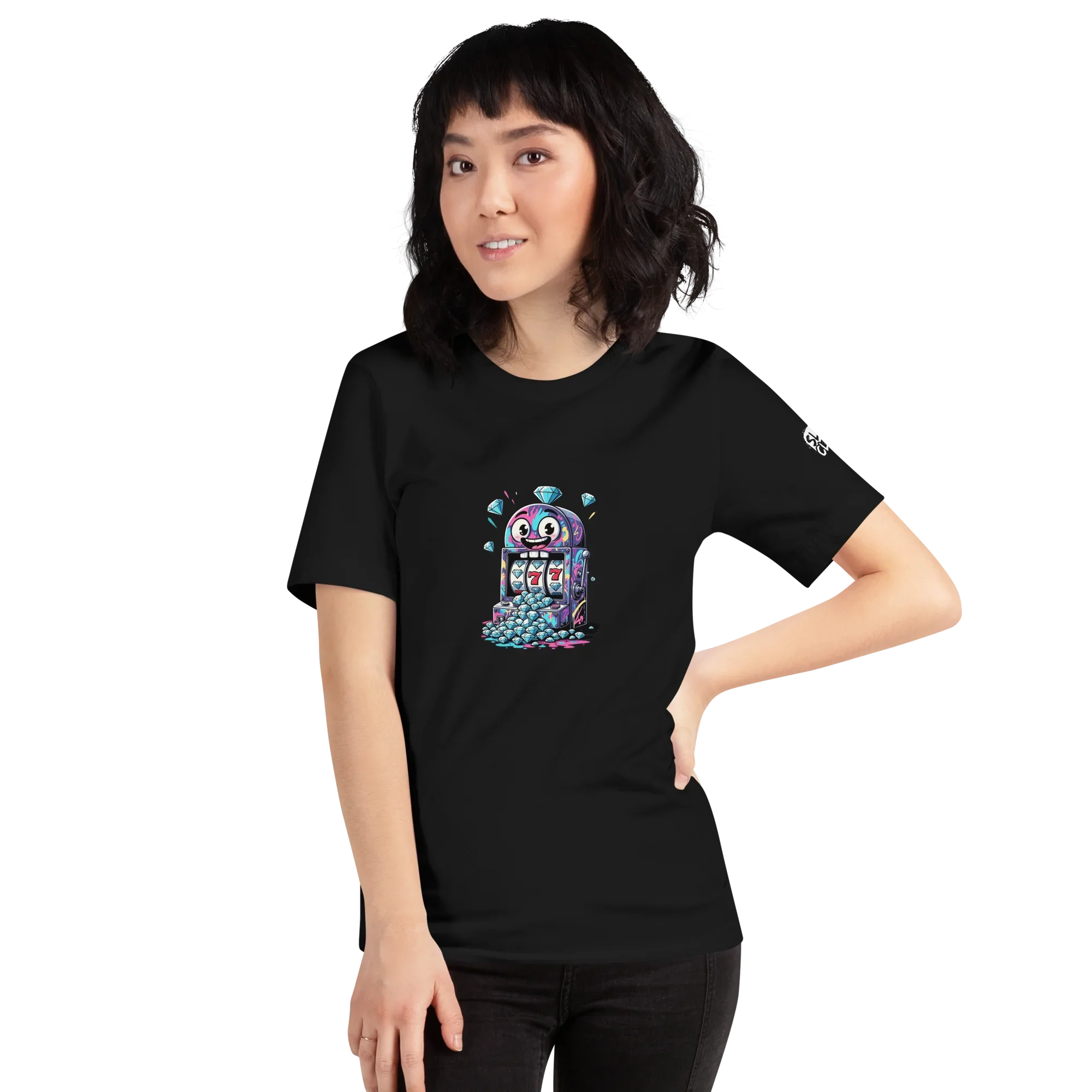 Woman wearing black t-shirt with colorful slot machine graphic, 777 jackpot design, and diamond accents