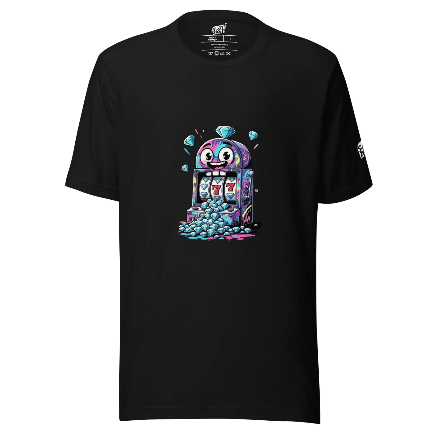 Black t-shirt with colorful slot machine graphic, 777 jackpot, and diamond pile design for casino fans