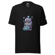 Black t-shirt with colorful slot machine graphic, 777 jackpot, and diamond pile design for casino fans