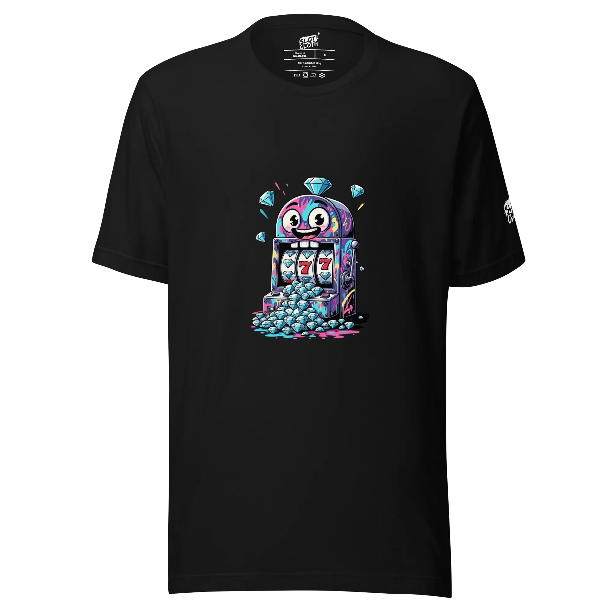 Black t-shirt with colorful slot machine graphic, 777 jackpot, and diamond pile design for casino fans