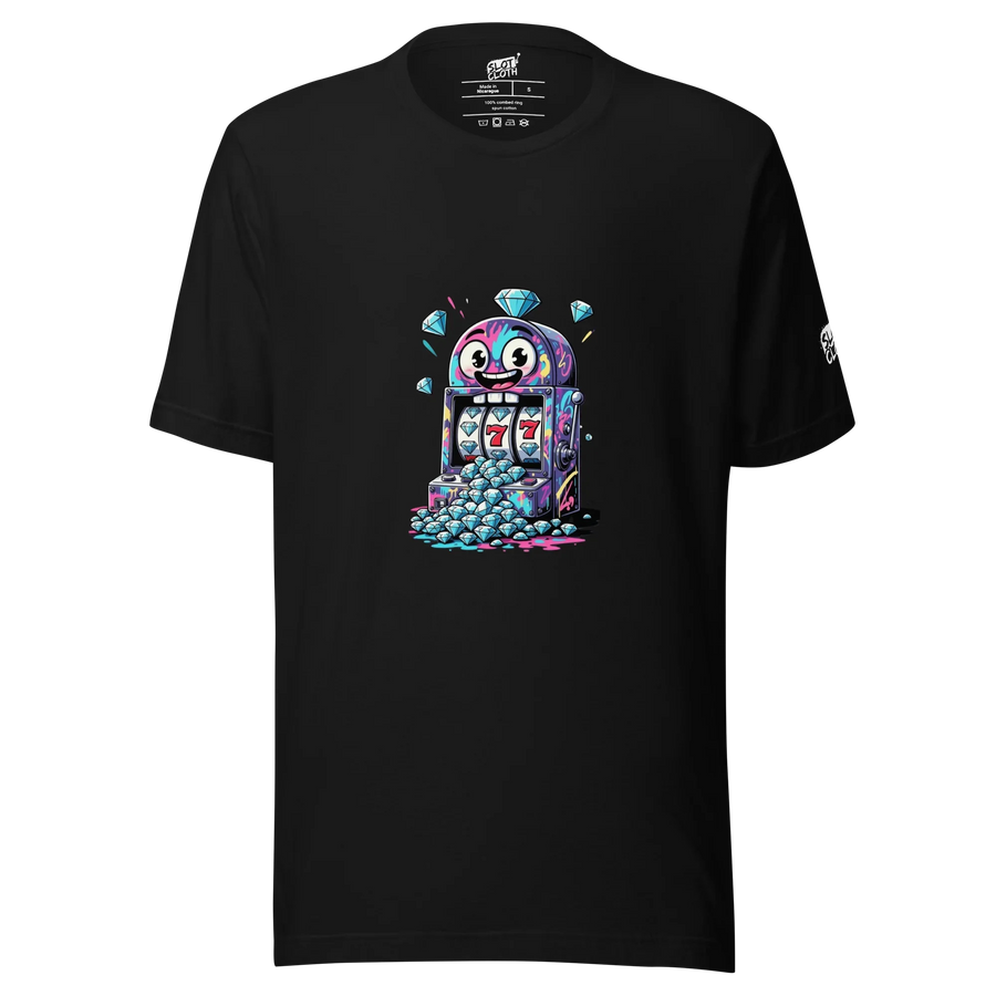 Black t-shirt with colorful slot machine graphic, 777 jackpot, and diamond pile design for casino fans