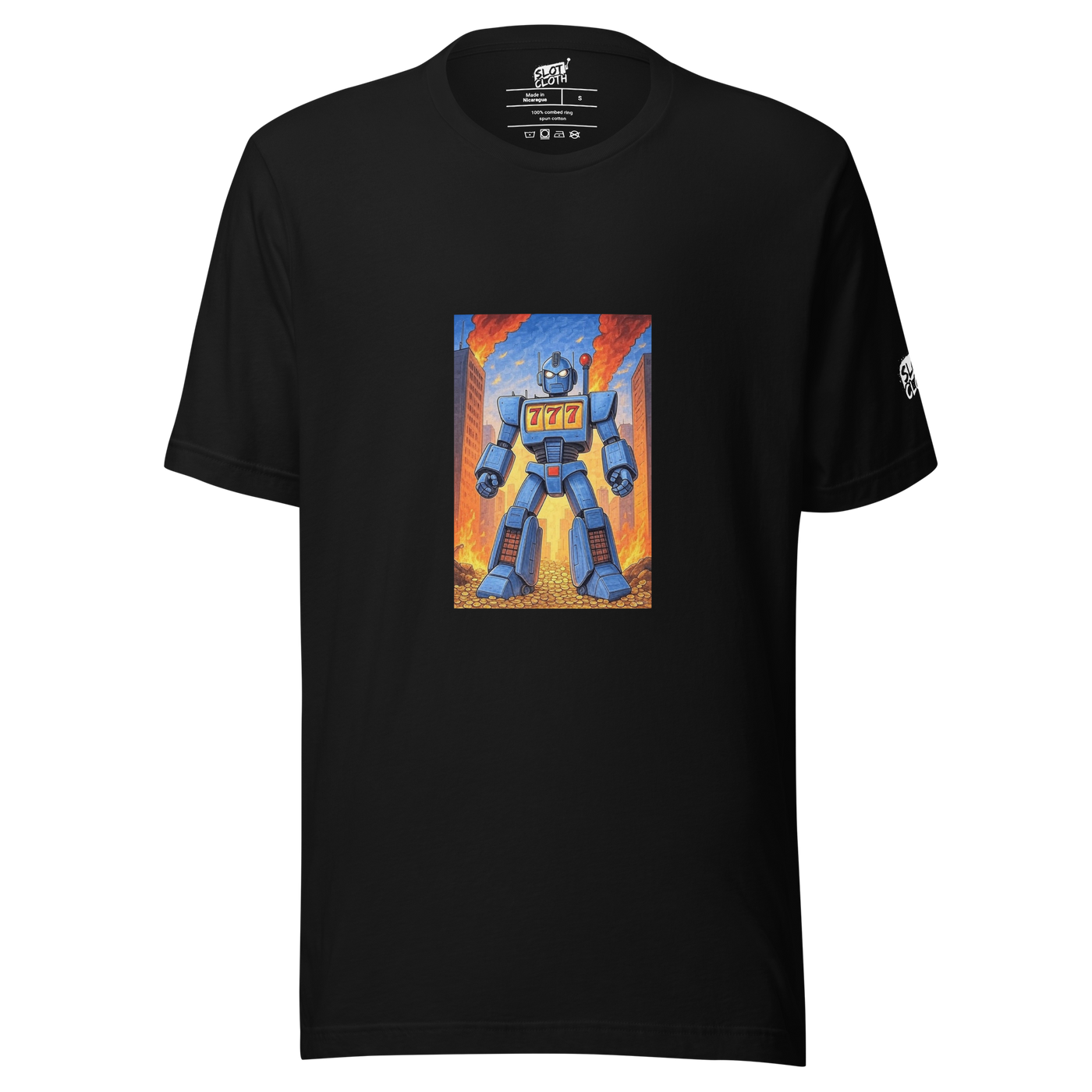 Black t-shirt with blue robot graphic featuring 777, slot machine theme, fiery city background