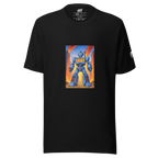 Black t-shirt with blue robot graphic featuring 777, slot machine theme, fiery city background