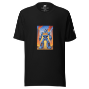 Black t-shirt with blue robot graphic featuring 777, slot machine theme, fiery city background