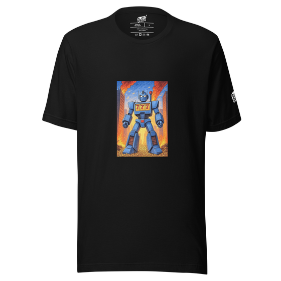 Black t-shirt with blue robot graphic featuring 777, slot machine theme, fiery city background