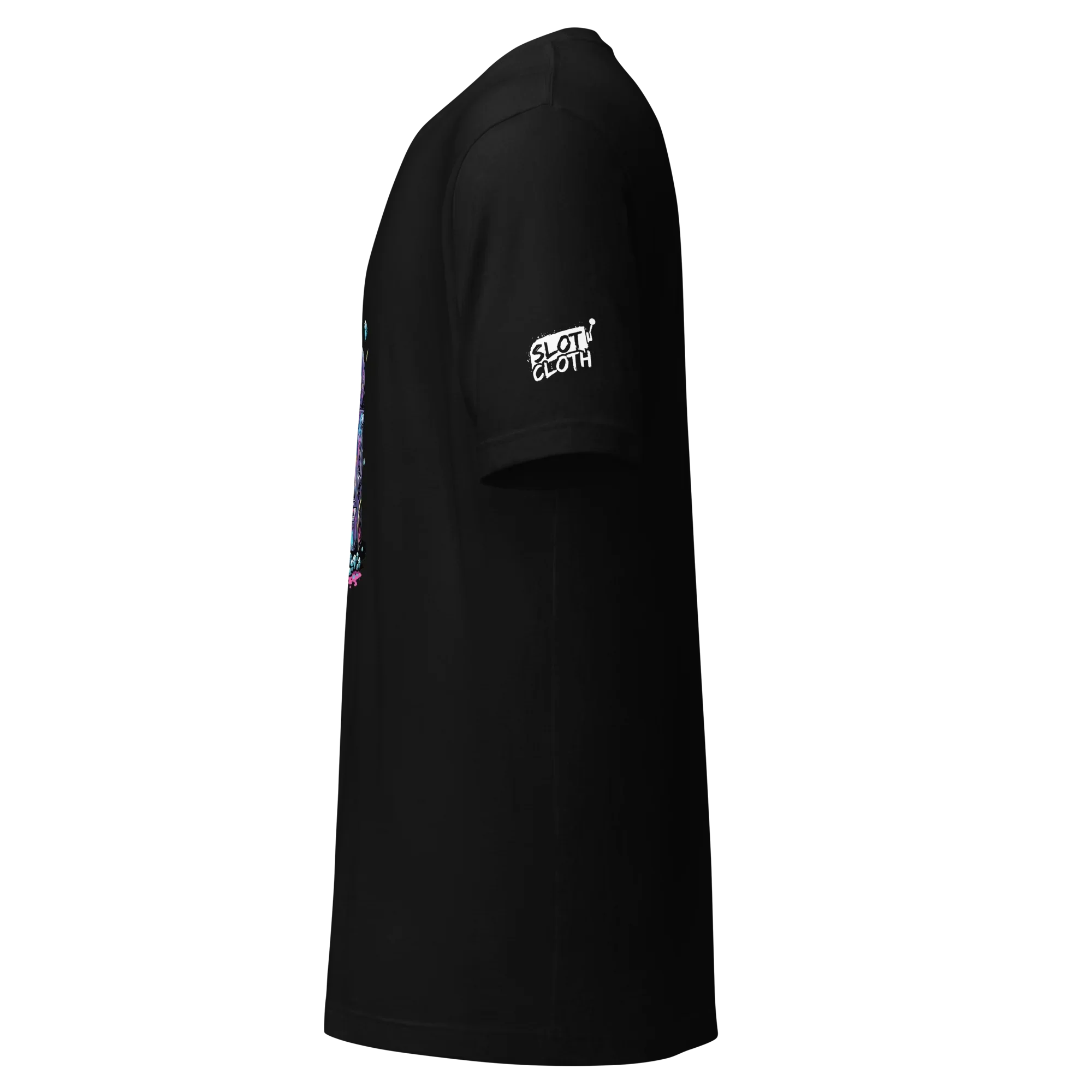 Black slot-themed t-shirt with colorful graphic and 'Slot Cloth' logo on sleeve, perfect for casino fans