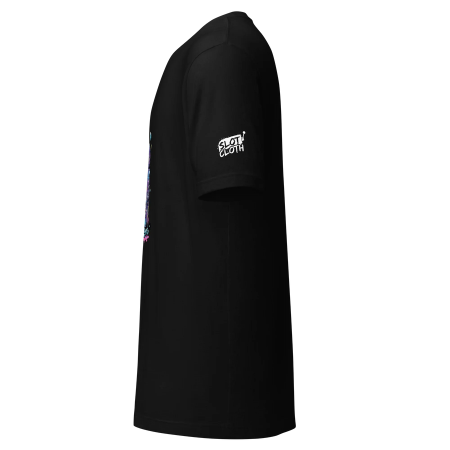 Black slot-themed t-shirt with colorful graphic and 'Slot Cloth' logo on sleeve, perfect for casino fans