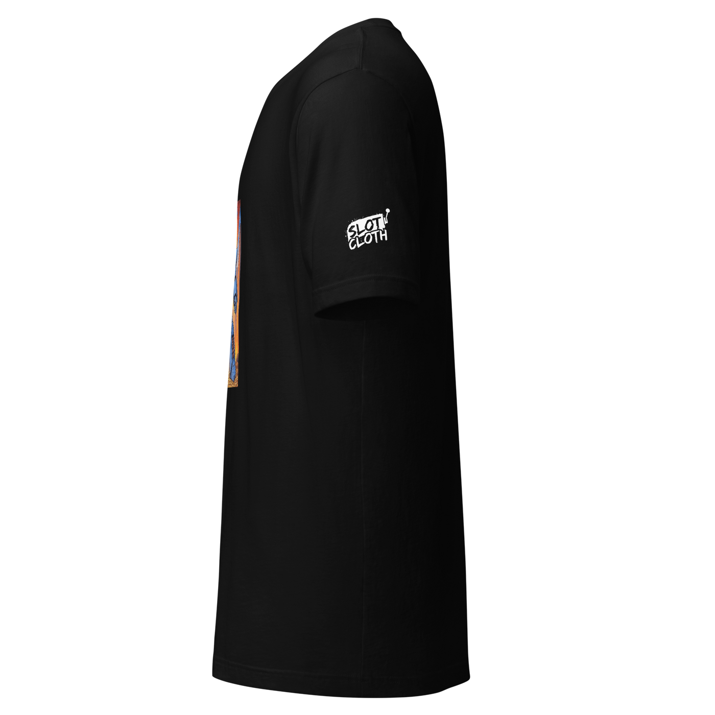 Black slot-themed t-shirt with 'Slot Cloth' logo on sleeve and colorful side graphic