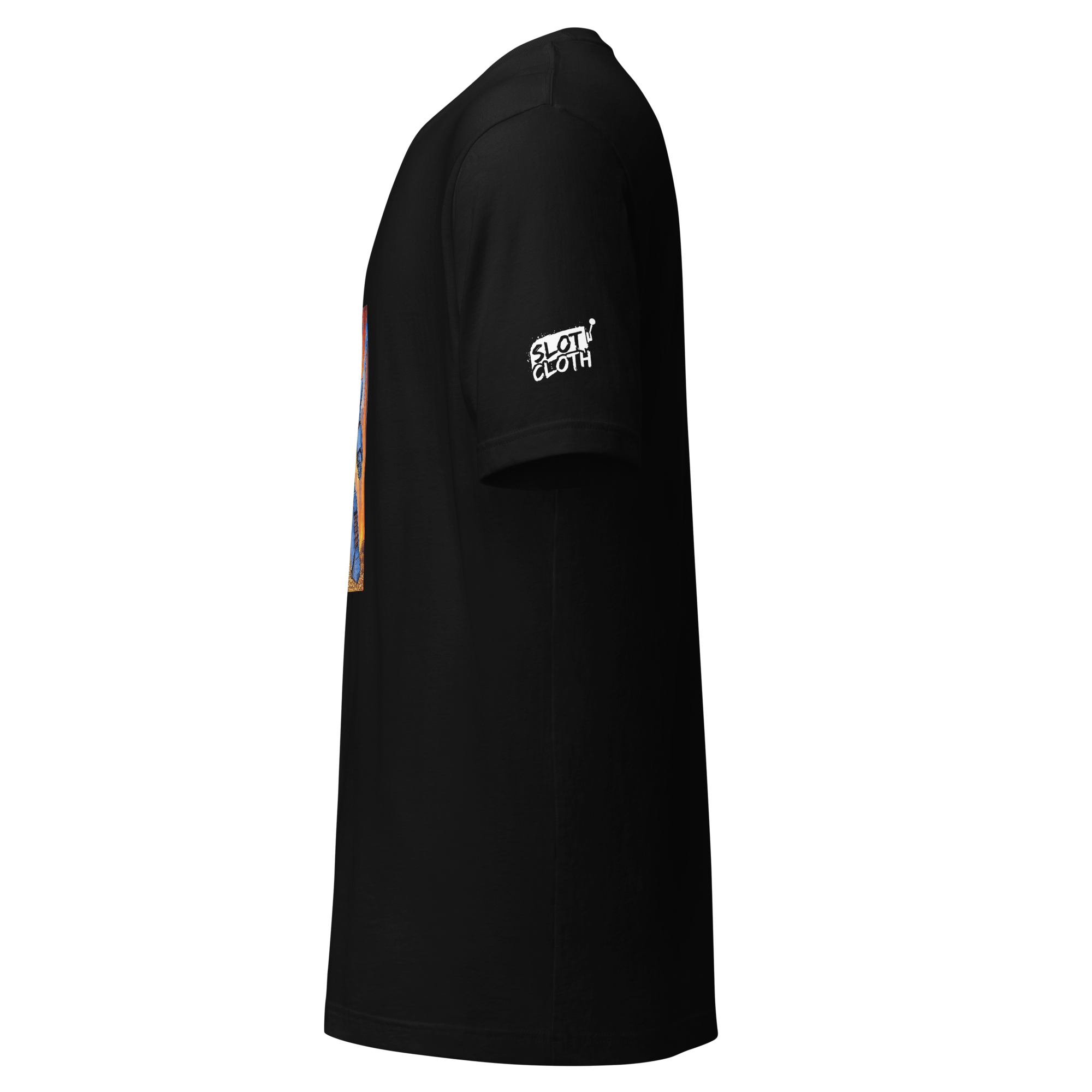 Black slot-themed t-shirt with 'Slot Cloth' logo on sleeve and colorful side graphic