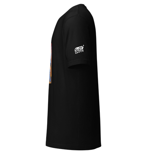 Black slot-themed t-shirt with 'Slot Cloth' logo on sleeve and colorful side graphic