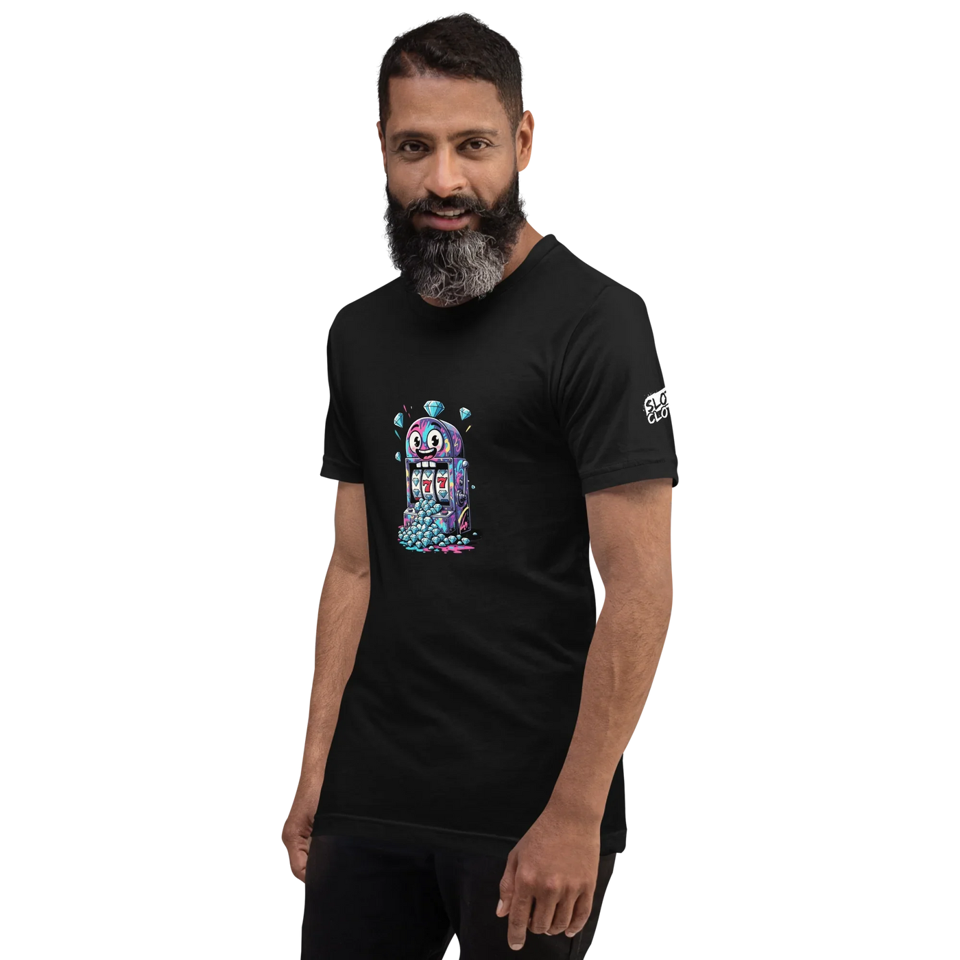 Man wearing black t-shirt with colorful slot machine graphic, 777 design, and diamond accents for casino lovers