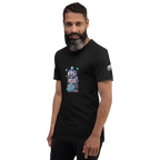 Man wearing black t-shirt with colorful slot machine graphic, 777 design, and diamond accents for casino lovers
