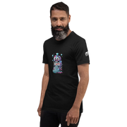 Man wearing black t-shirt with colorful slot machine graphic, 777 design, and diamond accents for casino lovers