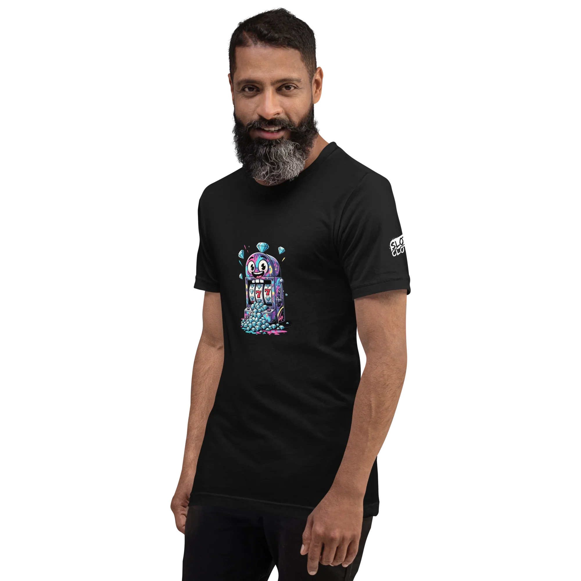 Man wearing black t-shirt with colorful slot machine graphic, 777 design, and diamond accents for casino lovers