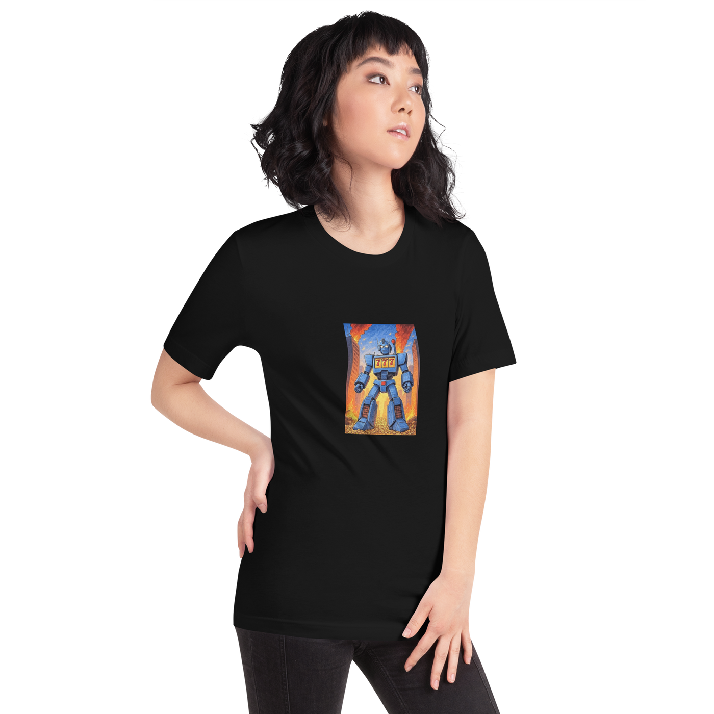 Black t-shirt with blue robot and 777 design, quirky slot-themed apparel for players