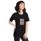 Black t-shirt with blue robot and 777 design, quirky slot-themed apparel for players