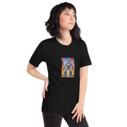 Black t-shirt with blue robot and 777 design, quirky slot-themed apparel for players