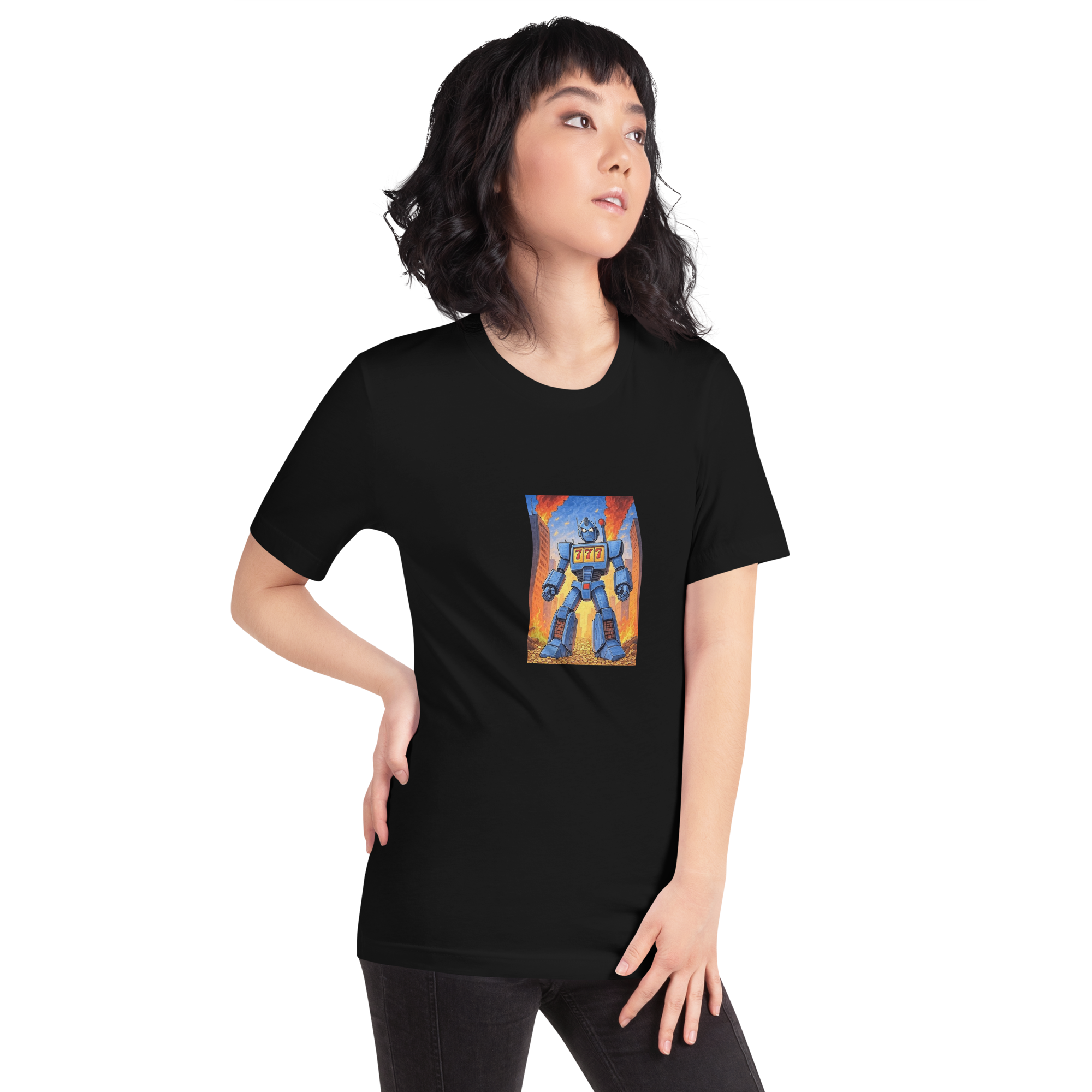 Black t-shirt with blue robot and 777 design, quirky slot-themed apparel for players