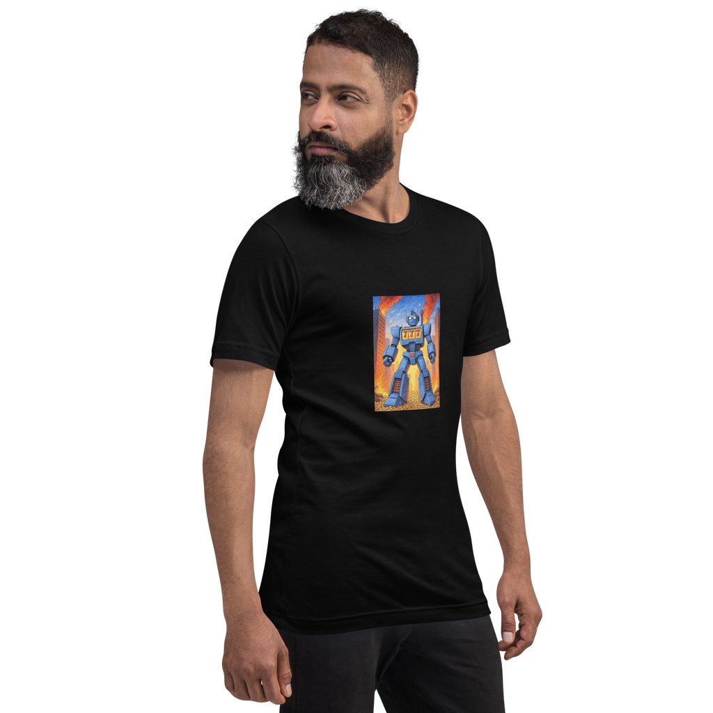 Man wearing black t-shirt with slot machine robot graphic, 777 design, quirky casino-themed apparel
