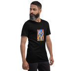 Man wearing black t-shirt with slot machine robot graphic, 777 design, quirky casino-themed apparel