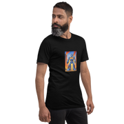 Man wearing black t-shirt with slot machine robot graphic, 777 design, quirky casino-themed apparel