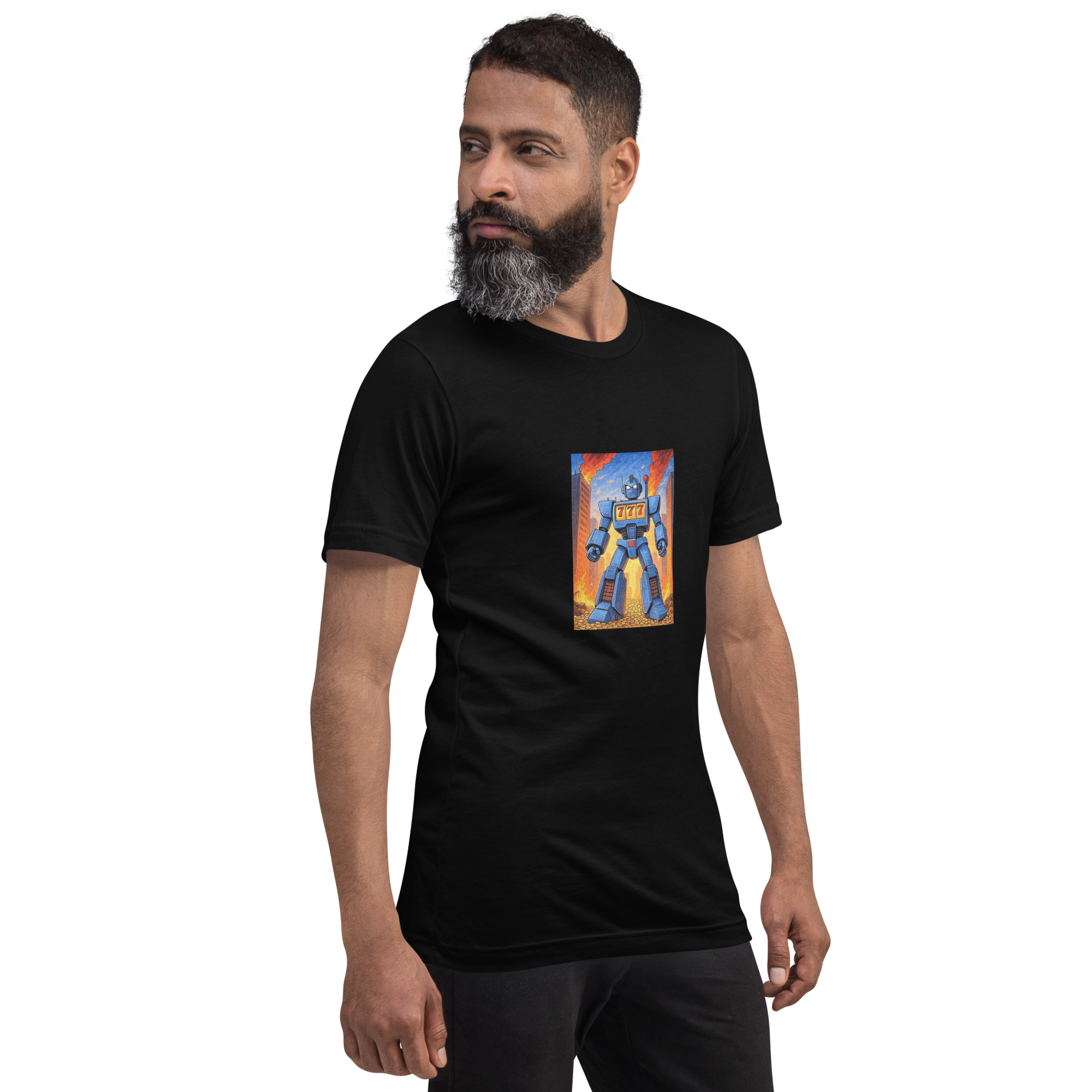 Man wearing black t-shirt with slot machine robot graphic, 777 design, quirky casino-themed apparel