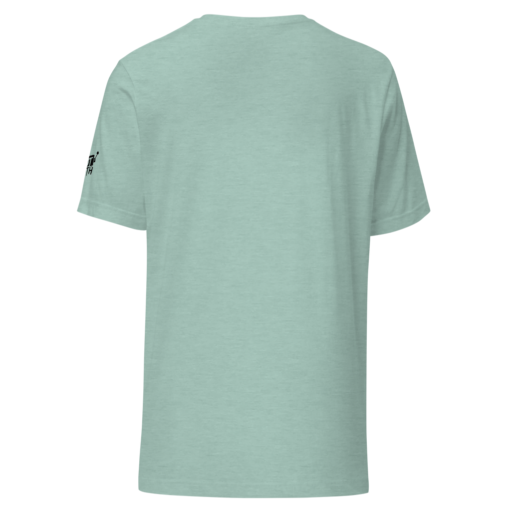 Mint green T-shirt with small black logo on sleeve, ideal for slot-themed fashion