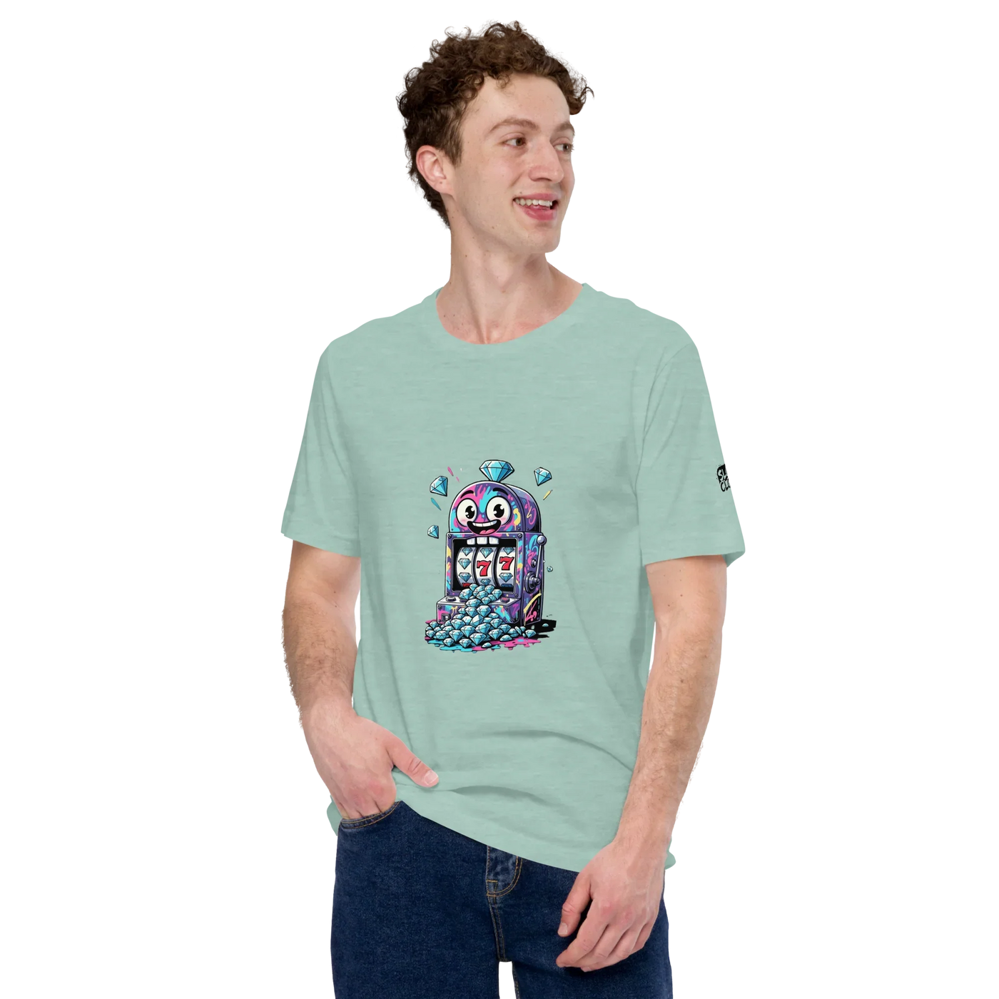 Mint green t-shirt with quirky slot machine graphic, featuring lucky 7s and diamonds for casino-themed apparel