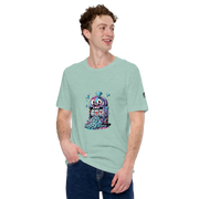 Mint green t-shirt with quirky slot machine graphic, featuring lucky 7s and diamonds for casino-themed apparel