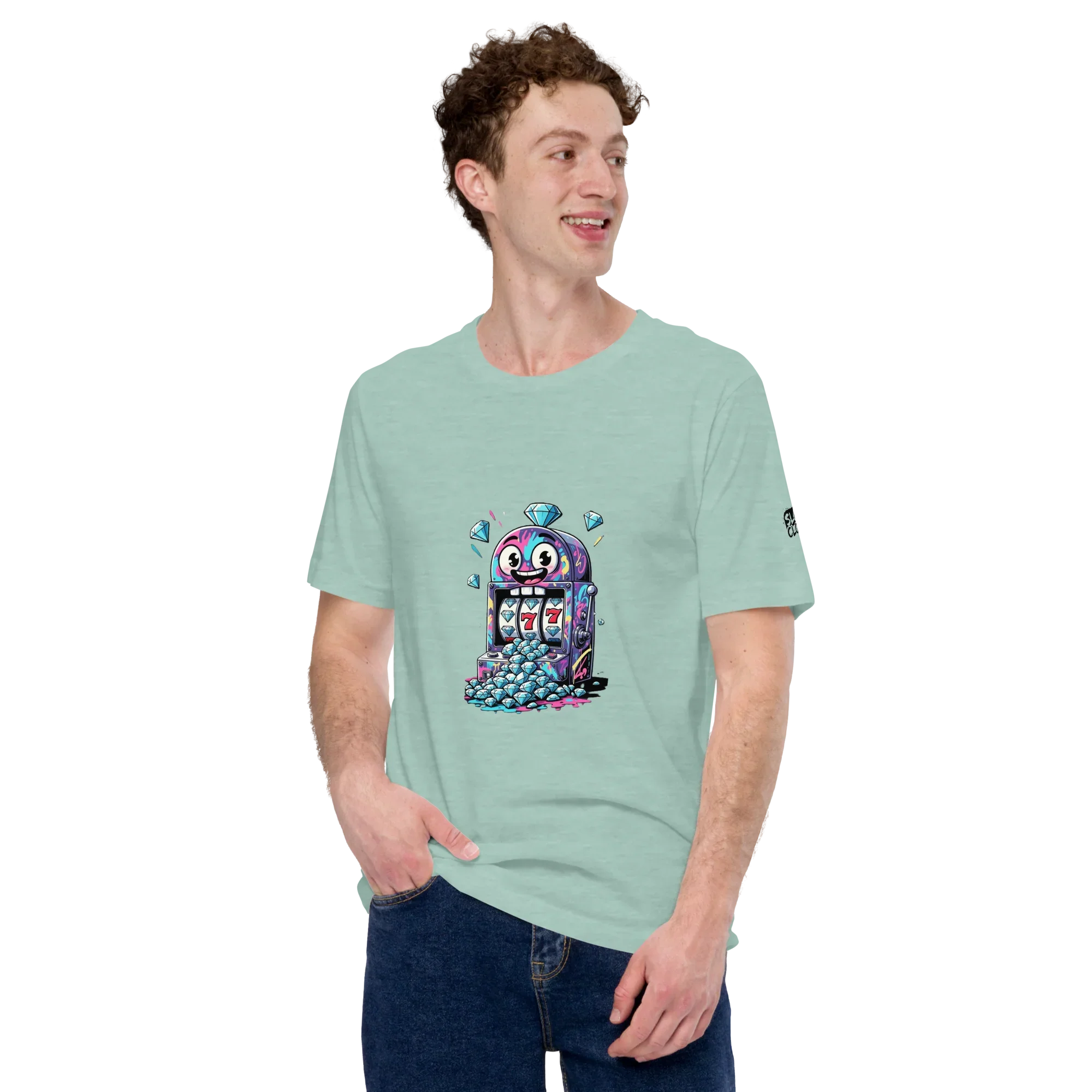 Mint green t-shirt with quirky slot machine graphic, featuring lucky 7s and diamonds for casino-themed apparel