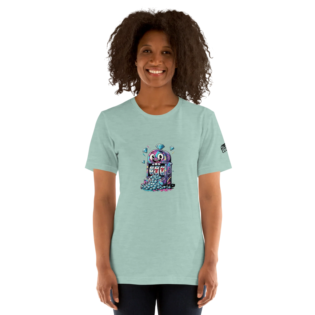 Light blue t-shirt with quirky slot machine design featuring lucky 7s and diamonds for players