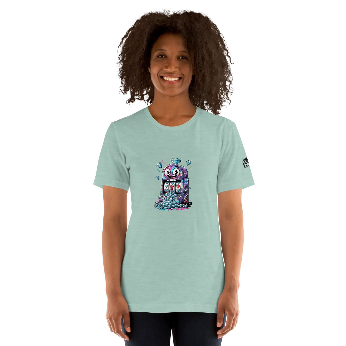Light blue t-shirt with quirky slot machine design featuring lucky 7s and diamonds for players