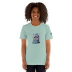 Light blue t-shirt with quirky slot machine design featuring lucky 7s and diamonds for players