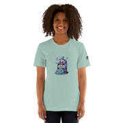 Light blue t-shirt with quirky slot machine design featuring lucky 7s and diamonds for players