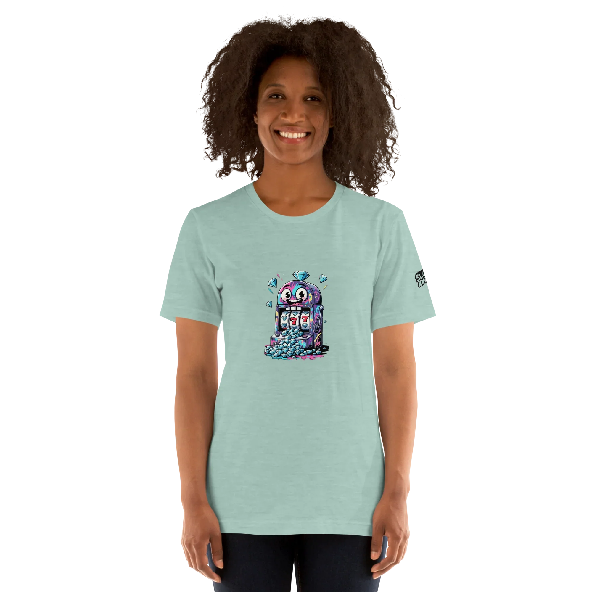 Light blue t-shirt with quirky slot machine design featuring lucky 7s and diamonds for players