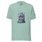 Mint green t-shirt with colorful slot machine graphic, featuring lucky 7s and diamonds for casino-themed apparel.