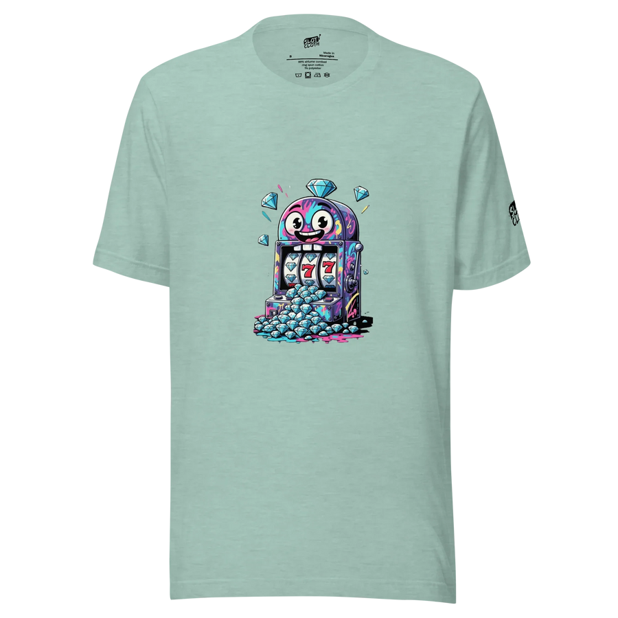 Mint green t-shirt with colorful slot machine graphic, featuring lucky 7s and diamonds for casino-themed apparel.