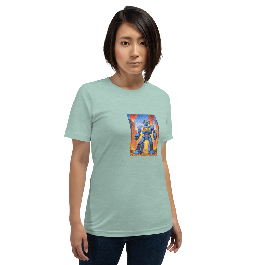 Woman wearing light blue t-shirt with robot graphic featuring 777, slot machine theme design