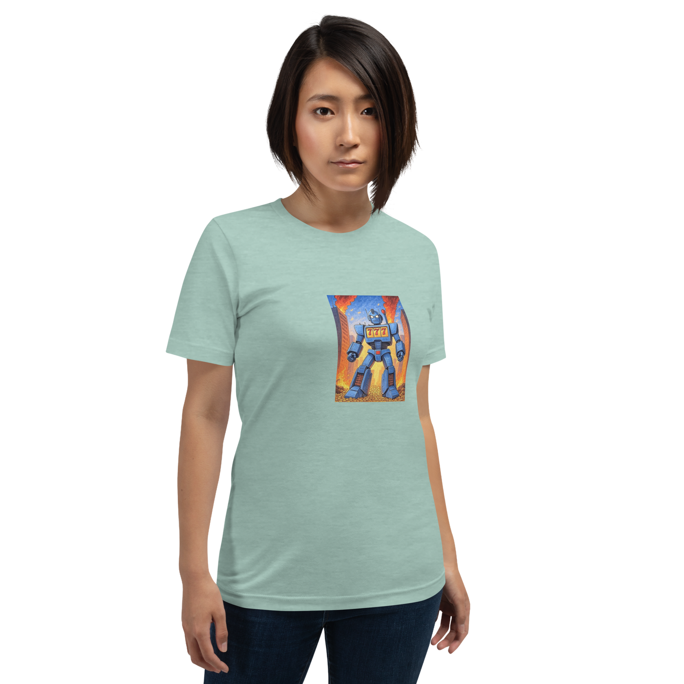 Woman wearing light blue t-shirt with robot graphic featuring 777, slot machine theme design