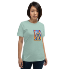 Woman wearing light blue t-shirt with robot graphic featuring 777, slot machine theme design