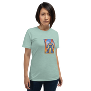 Woman wearing light blue t-shirt with robot graphic featuring 777, slot machine theme design