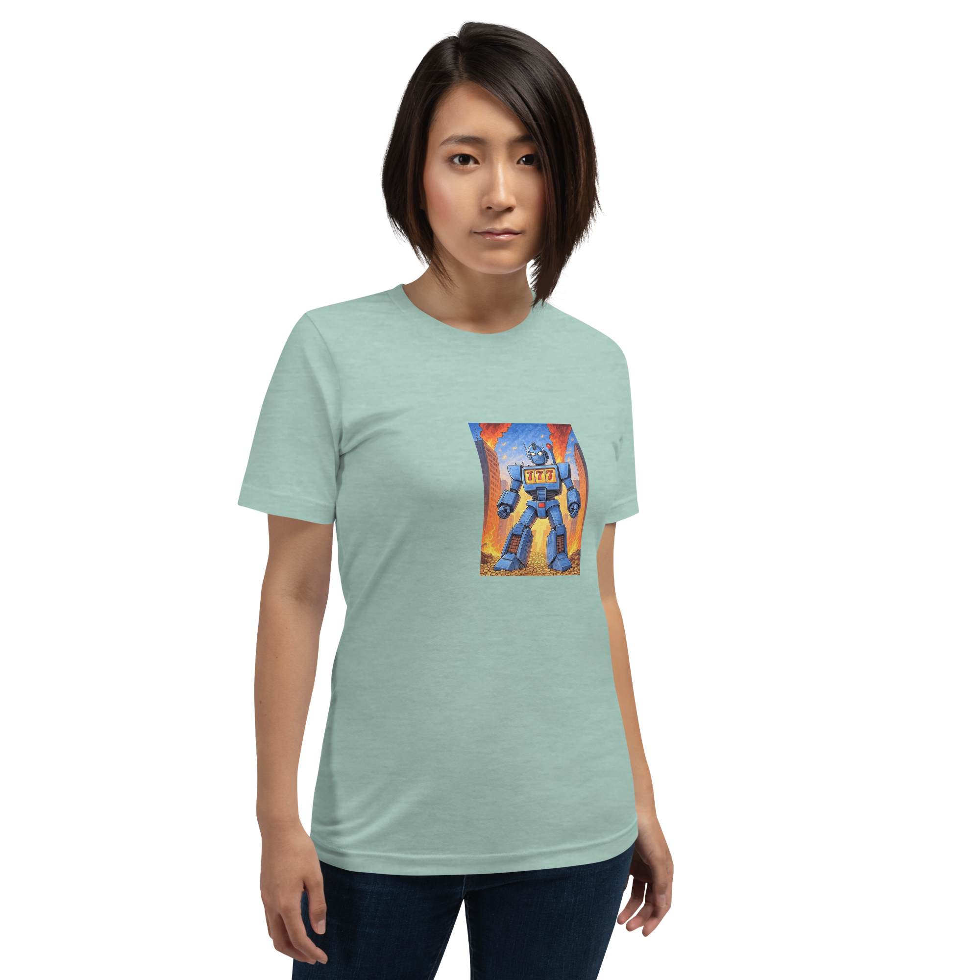 Woman wearing light blue t-shirt with robot graphic featuring 777, slot machine theme design