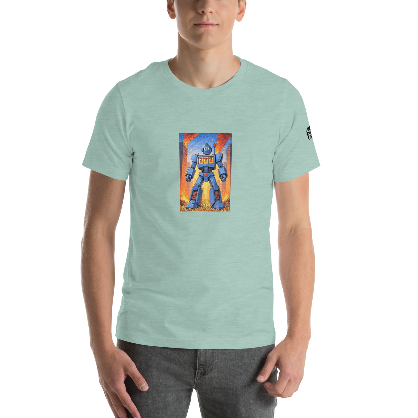 Mint green t-shirt with blue robot graphic featuring 777, slot machine theme for players and pros